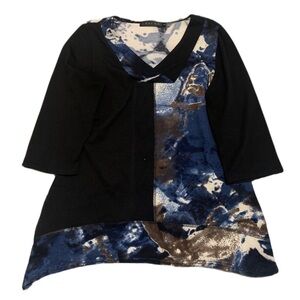 LAVENA Abstract Blue & Black Split Hem Tunic Top LG